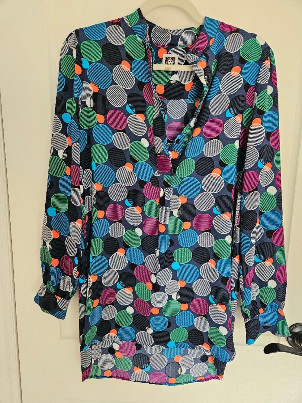 Anne Klein Geometric Long Sleeve Dot Blouse Size 4